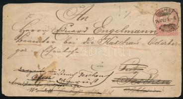 1874 5kr díjjegyes boríték többszörösen után küldve, 8 érkezési bélyegzéssel / Multiple redirected PS-cover