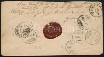 1874 5kr díjjegyes boríték többszörösen után küldve, 8 érkezési bélyegzéssel / Multiple redirected P...