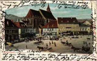 1908 Brassó, Kronstadt, Brasov; Piac tér, J. L. &amp; A. Hesshaimer, Heinrich Wagner, Wilhelm Scherg üzlete / Marktplatz / market, shops (szakadás / tear)
