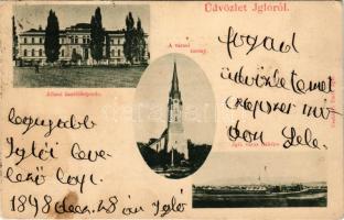 1898 Igló, Zipser Neudorf, Spisská Nová Ves; Állami tanítóképezde, Római katolikus templom, a városi torony, látkép. Csetényi Emil kiadása / teachers' training institute, Catholic church and tower, general view (fl)
