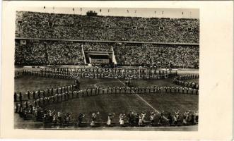 1955 Budapest XIV. Népstadion, labdarúgó mérkőzés, focisták. Képzőművészeti Alap / Austria-Hungary football match, players, sport + "Osztrák-Magyar 100. labdarúgó mérkőzés 1955. X. 16." So. Stpl.