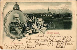 1899 Igló, Zipser Neudorf, Spisská Nová Ves; látkép, I. Ferenc József. Szoller Géza kiadása, szecessziós-virágos keret / general view, Franz Joseph I of Austria. Art Nouveau, floral frame (EM)