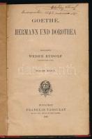 Goethe, [Johann Wolfgang von]: Hermann und Dorothea. Magyarázta: Weber Rudolf. Bp., 1889, Franklin-Társulat, 85+(3) p. Második kiadás. + Hozzákötve: Iphigenie auf Tauris. Ein Schauspiel von - - . Bev. és magyarázó jegyzetekkel ellátta: Bauer Simon. Bp., 1892, Franklin-Társulat, 157+(1) p. Második kiadás. Félvászon-kötésben, kissé viseltes borítóval, 1893-as tulajdonosi bejegyzéssel (Bölcsházy Vilma).