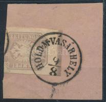 1863 Hírlapbélyeg ívszéllel, nagy szegélylécnyommal kivágáson "HOLD.M.VÁSÁRHELY" / Newspaper stamp with margin and paint stripe. RR!