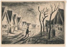 Jelzés nélkül: Járókelő kutyával. Rézkarc, papír. 16x23 cm