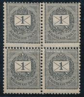 1889 1kr négyestömb elfogazva, lemezhibával (rozsda) / block of 4 with shifted perforation, plate flaw (stain)