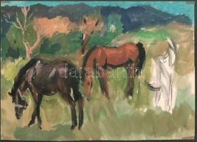 Jelzés nélkül: Lovak. Akvarell, papír. Sarkaiban paszpartuzás nyomaival. 28x39 cm