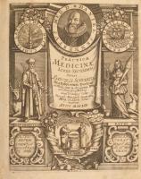 Daniel Sennertus: Practicae Medicinae Liber II-III. Liber Secundus [II.]: De Athritide Tractatus. Practicae Medicinae De Oris, Colli ac Thoacis Morbis &amp; Symptomatibus, Danielis Sennerti, D. Editio Tertia. Anno MDCLVI [1656.]; Hozzákötve: Liber Tertius [III.]: Practicae Medicinae, De Infimi Venetris Morbis &amp; Symptomatibus, Danielis Sennerti, D. &amp; c. Editio Tertia. [1662].; Hozzákötve: De Athritide Tractatus. Editio Secunda. [1653.]; Wittebergae - Francofurti et Wittebergae, 1653-1656-1662, Impensis / Sumptibus Haeredum Doct. Tobiae Mevii &amp; Elerdi Schumacherii,1 (rézmetszetű díszcímlap) t+ 14+434+8 p.+1 (kihajtható rézmetszetű képtábla) t.+22+999+17+120 p. Latin nyelven. Danniel Sennert (1572-1637) kora legnevesebb német orvosa, wittenbergi orvosprofesszor három munkája. A Practicae Medicinae két könyve és De Athritide Tractatus c. munkái. Korabeli félpergamen-kötés, festett lapélekkel, kopott, foltos borítóval, az elülső borító felső sarka sérült, az elülső szennylapon bejegyzésekkel és a díszcímlap utáni lapon névbélyegzéssel. Ritka, orvosi munka!  / Three work of Danniel Sennert. The Practicae Medicinae II.-III., and the De Athritide Tractatus. He was a german doctor in the 16th.-17th. centuries. In Latin language. Rare! The cover is a little bit damaged, but its in good quality.