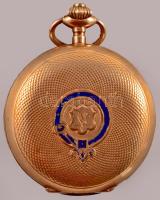 14Karany (Au) svájci duplafedeles női zsebóra ca 1920. 1937 előtti behozatali jellel, vörösarany tok, királykék zománc berakással, anker szerkezet, tisztításra szorul üveg kijár. d: 35 mm, br 24,4 g