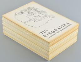 1972-1980 Kisgrafika, Kisgrafika Barátok Köre Értesítő, komplett évfolyamok. Többek közt Reich Károly, Stettner Béla, Fery Antal műveinek reprodukcióival és eredeti metszet kisgrafika mellékletekkel. Kiadói papírkötésben, néhány kevés gerinc kissé sérült, néhány kevés számban tollas feljegyzésekkel.