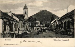1904 Huszt, Chust, Khust; Fő utca, vár, templom, üzletek. Ausländer Ignác kiadása / main street, castle, church, shops (kis szakadások / small tears)