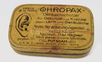 Ohropax fém dobozka, kopásnyomokkal, 3,5×6×1,5 cm