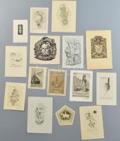Klf. magyar és külföldi alkotók (Nagy László Lázár, Kaveczky Zoltán stb.): 14 db ex libris és kisgrafika. Rézkarc, papír, részben jelzett, klf. méretekben.