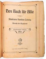 1906 Das Buch für Alle. Illustrierte Familien-Zeitung. Chronik der Gegenwart. 41. Jahrgang. Német nyelvű folyóirat egybekötött számai, gazdag fekete-fehér és színes képanyaggal, hirdetésekkel. Félvászon-kötésben, megviselt állapotban, sérülésekkel, ázás nyomaival.