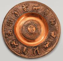 Horoszkópos réz falitál, jelzés nélkül, d: 19 cm