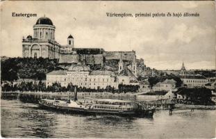 Esztergom, a vártemplom és a prímási palota a dunai oldalról, hajóállomás. Kardos Dezső kiadása (EK)