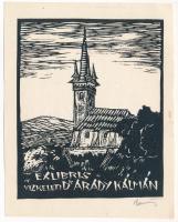 Radványi Román Károly (1900-1957): Ex libris vizkeleti dr. Arady Kálmán, fametszet, papír, jelzett, lapszéli egészen apró folttal, 12x9,5 cm