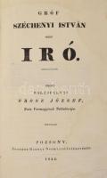 Orosz József: Gróf Széchenyi István mint író. Kiadta balásfalvai - -, Zala vármegyének táblabírája. Pozsony, 1832., Snischek Károly-ny., 6+409+1 p. A Hitel, a Világ, valamint ,,A lovakrul" című munkák bírálata. A szerző, Balásfalvi Orosz József (1790-1851) újságíró, több folyóirat (Századunk, Hírnök) szerkesztője volt. A kötet első része Ponori Thewrewk József (1793-1870) kritikáját közli. Kopott kartonált papírkötésben, kopott, foltos borítóval, a gerincen kis sérüléssel, foltos lapokkal, a címlap a gerinc mentén szakadt, és a címlap utáni 2-3 lap laza.