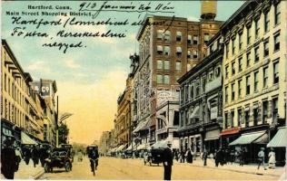 1912 Hartford (Connecticut), Main Street Shopping District, shops of Henry Kohn, William H. Talcott. H. Plevy, automobile (EB)