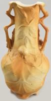 Teplitz kerámia váza, plasztikus virág dísszel, jelzett, kézzel festett, apró lepatanásokkal m:23 cm