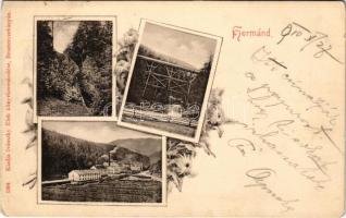 1910 Hermánd, Hermanecz, Harmanec; papírgyár, vasúti híd. Ivánszky Elek kiadása, szecessziós-virágos keret / paper mill, paper factory, railway bridge. Art Nouveau, floral frame (kopott sarkak / worn corners)