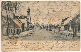 1905 Holics, Holic; utca, templom télen. Wiesner Alfréd kiadása / street view, church in winter (fl)