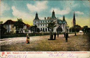 1905 Igló, Zipser Neudorf, Spisská Nová Ves; Redoute, színház, katolikus plébániatemplom és faipari szakiskola. Feitzinger Ede 709. A. J. 1904/14. / Theater, kath. Pfarrkirche u. Holzindustrieschule / theatre, Catholic church, wood industry school, woodworking school (b)