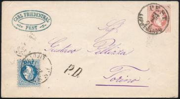 1871 5kr díjjegyes lboríték 10kr díjkiegészítéssel Torinóba / 5kr PS-cover with 10kr additional franking "PEST / LIPÓTVÁROS" - Torino
