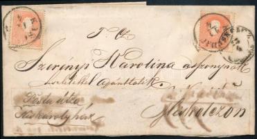 ~1859 Kétszer bérmentesített levél: 5kr bérmentesítéssel Kassáról Miskolcra, majd visszaküldve, a címzés átragasztva, új bérmentesítéssel újra elküldve / Cover from Kaschau to Miskolc, returned, mailed again with new franking