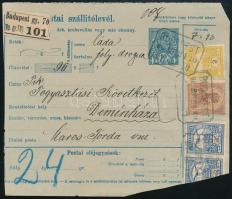 1907 Szállítólevél 9 db Turul bélyeggel közte 5K (2 bélyeg sérült) / Parcel card with 9 stamps incl. 5K (2 stamps damaged) "BUDAPEST"