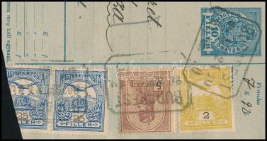1907 Szállítólevél 9 db Turul bélyeggel közte 5K (2 bélyeg sérült) / Parcel card with 9 stamps incl....