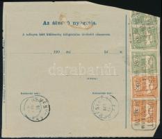 1907 Szállítólevél 9 db Turul bélyeggel közte 5K (2 bélyeg sérült) / Parcel card with 9 stamps incl....