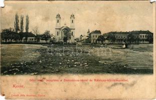 Kassa, Kosice; Görög katolikus templom a Domonkos térrel és a Rákóczi körút részlettel. László Béla kiadása / Greek Catholic church, square (EM)
