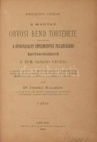 Demkó Kálmán: A magyar orvosi rend története. A magyar orvosi rend története tekintettel a gyógyászati intézmények fejlődésére Magyarországon a XVIII. század végéig. A Magyar Orvosok és Természetvizsgálók Vándorgyűlésének állandó központi választmánya által a Poór Imre-féle 100 arannyal jutalmazott pályamű. Írta: Dr. - -. A Lőcsei Magy. Kir. Állami Főreáliskola igazgatója, a Műemlékek Országos Bizottságának kültagja.  Bp., 1892-1894, (Reiss József ny.), 178+VIII+[179]-555 p. 1. kiadás.  A kötetben elöl egy ideiglenes címlap található "I. rész"-jelzettel s Lőcsei kiadási hellyel. 1892-es kiadási évszámmal. A rendes címlap és a VIII p. (tartalomjegyzék) a 178. oldal után kötve. 1894-es kiadási évszámmal. Korabeli átkötött aranyozott gerincű egészvászon-kötés, márványozott lapélekkel, kissé kopott, kissé foltos borítóval, jó állapotban.