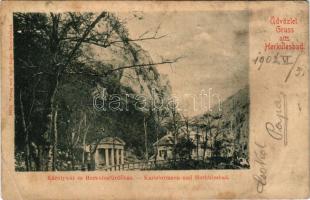 1902 Herkulesfürdő, Baile Herculane; Károly-kút és Herküles fürdőház. Emil Jäger kiadása / Karlsbrunnen und Herkulesbad / spa, bathhouse, well (b)