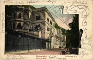 1906 Herkulesfürdő, Baile Herculane; Ferenc József udvar. Divald Károly 902. sz. / Franz-Josef-Hof / spa, bathhouse. Art Nouveau frame (EK)