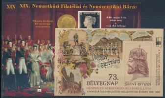 2015 XIX. Nemzetközi Filatéliai és Numizmatikai Börze emlékív + emlékív "A BÖRZE LÁTOGATÓI RÉSZÉRE" felirattal, azonos sorsszámmal + 2000 73. Bélyegnap Szt. István Hunphilex bélyegkiállítás emlékív