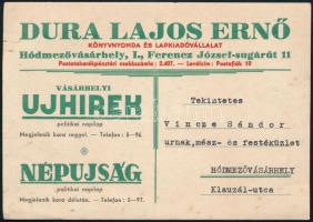 1942 Hódmezővásárhely, Dura Lajos Ernő könyvnyomda és lapkiadóvállalat fejléces üzleti levelezőlapja