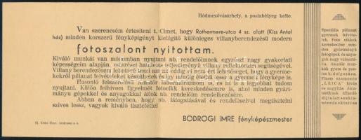 1941 Hódmezővásárhely, Bordogi Imre fényképészmester reklámnyomtatványa fotószalonjának megnyitásáró...