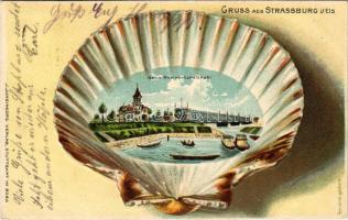 1902 Strasbourg, Strassburg; Neue Rheinbrücke. J. Junginger's Verlag / new Rhine bridge, montage with shell. Emb. litho