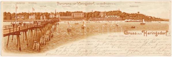 Heringsdorf, Panorama, Villa Berthold, Strandbourg, Villa Helft, Kurhäuser, Strand CAsino, Badeanstalt, Der Kulm. Druck v. Loius Glaser, Verlag von Robert Parow / villa, spa, beach, casino, ships. litho (tear)