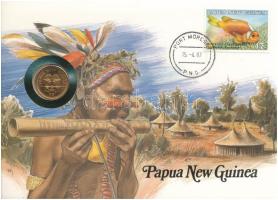 Pápua Új-Guinea 1987. 2t Cu-Zn felbélyegzett borítékban, bélyegzéssel, német nyelvű leírással T:UNC patina Papua New Guinea 1987. 2 Toea Cu-Zn in envelope with stamp and cancellation, with German description C:UNC patina