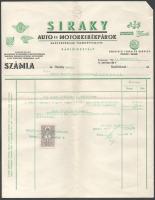 1941 Bp., Siraky auto és motorkerékpárok magyarországi vezérképviselete, rádió-osztály fejléces számla 5f okmánybélyeggel