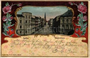 1902 Racibórz, Ratibor; Bahnhofstrasse. Kunstverlag Bruno Scholz / street. Art Nouveau, floral, Emb. litho frame (creases)