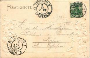 1902 Racibórz, Ratibor; Bahnhofstrasse. Kunstverlag Bruno Scholz / street. Art Nouveau, floral, Emb....