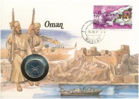 Omán 1986. 50b érmés borítékban, bélyeggel és bélyegzéssel, német nyelvű ismertetővel T:UNC Oman 1986. 50 Baisa in coin envelope, with stamp and cancellation, with German description C:UNC