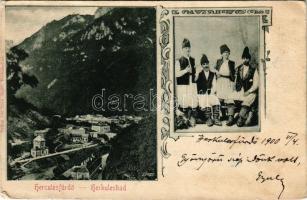 1900 Herkulesfürdő, Baile Herculane; látkép, erdélyi folklór. Emil Jäger kiadása / general view, Transylvanian folklore. Art Nouveau (gyűrődés / crease)