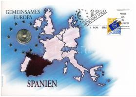 Spanyolország 1991. 25P Al-bronz "Közös Európa" felbélyegzett borítékban, bélyegzéssel, német nyelvű tájékoztatóval T:AU Spain 1991. 25 Pesetas Al-bronze "Gemeinsames Europa" in envelope with stamped stamp, with German description C:AU