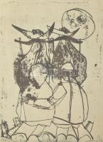 Csohány Kálmán (1925-1980): Ökrös szekér. Ofszet, papír. Jelzett. 20x14 cm Üvegezett keretben