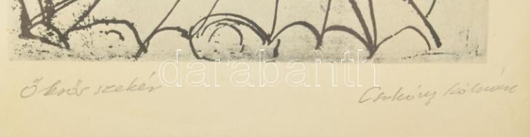 Csohány Kálmán (1925-1980): Ökrös szekér. Ofszet, papír. Jelzett. 20x14 cm Üvegezett keretben